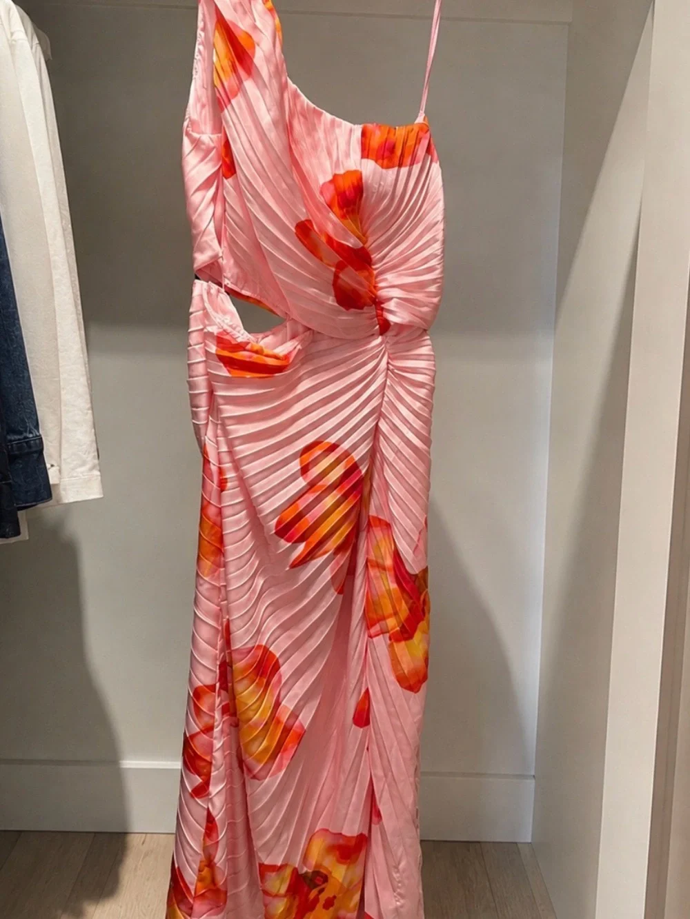 Abercrombie and Fitch Pink Floral One-Shoulder Cutout Maxi Dress